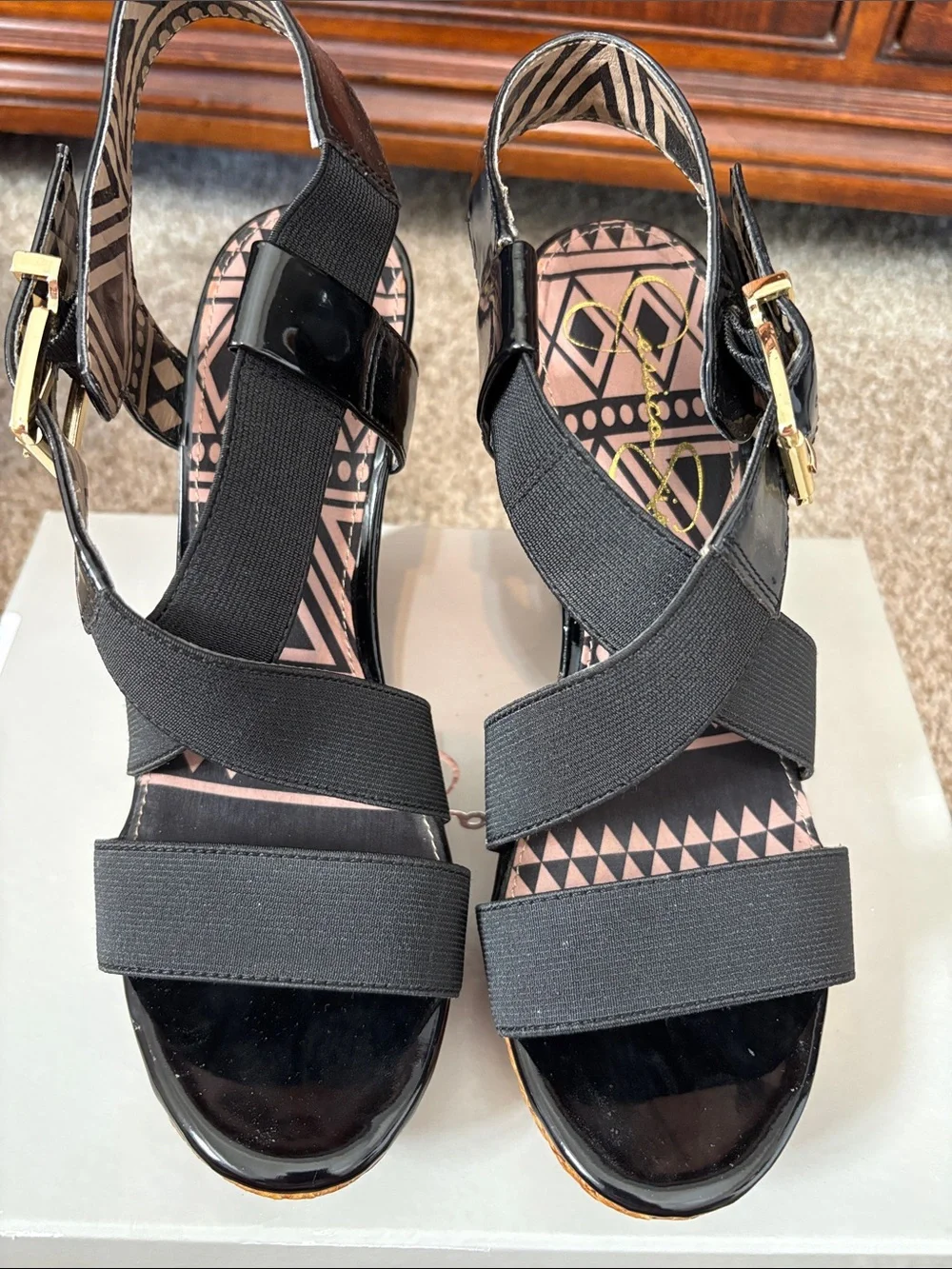 Jessica Simpson Black Patent & Woven Tan Wedge Sandals